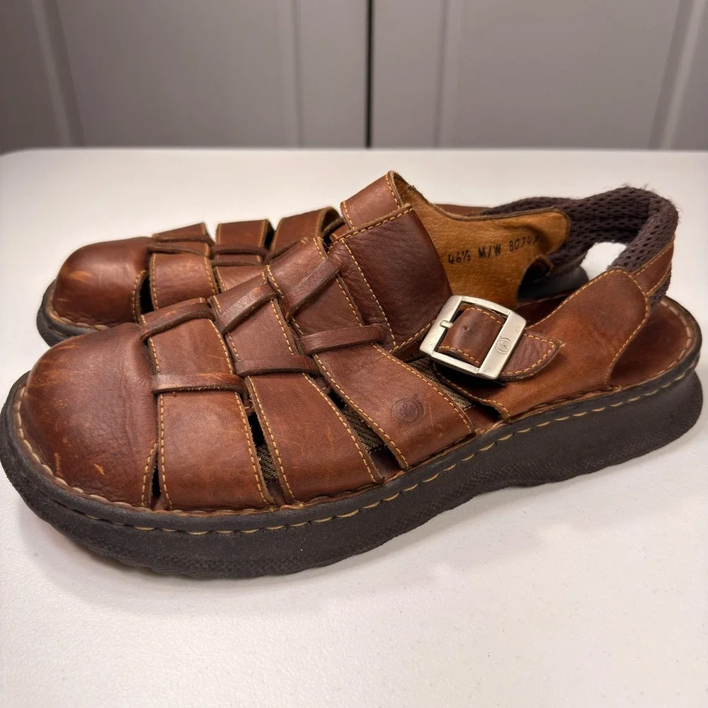 Born Men's Brown Leather Fisherman Sandals Size 12 EU 46.5 Rugged Closed Toe